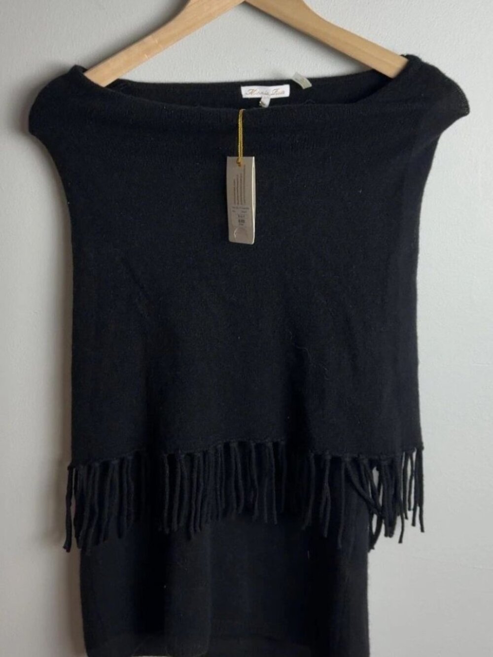 NWT Minnie Rose Black Cashmere Fringe Sleeveless Sweater Vest Size Medium Womens